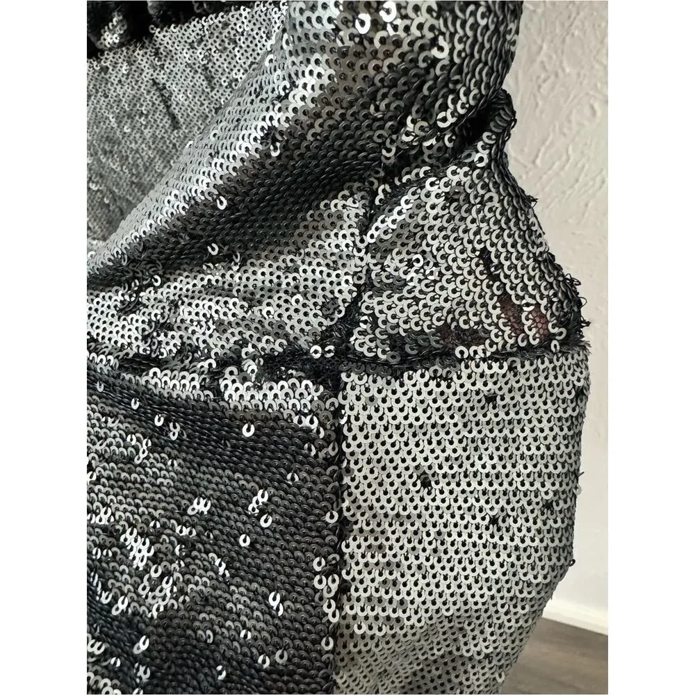 Free People Sequin Mini Dress Size Medium Silver Black Batwing Flawed AS-IS